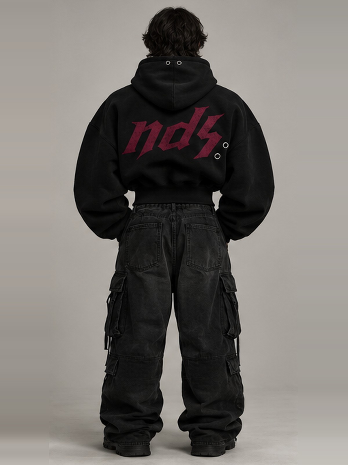 Eyelet Cropped Hoodie in Black — view 3