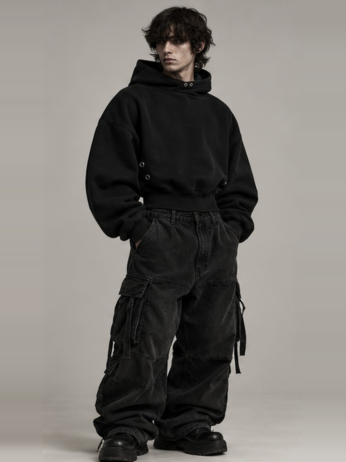 Eyelet Cropped Hoodie in Black — view 4