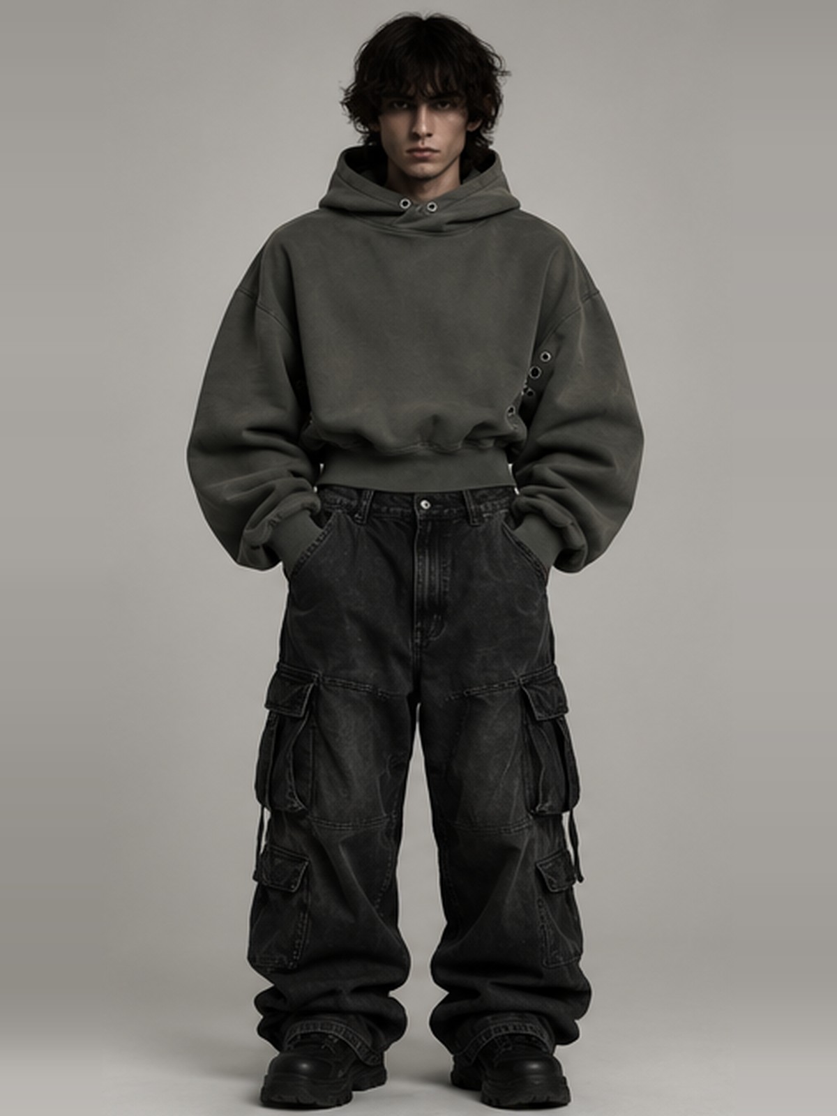 Eyelet Cropped Hoodie in Washed Olive