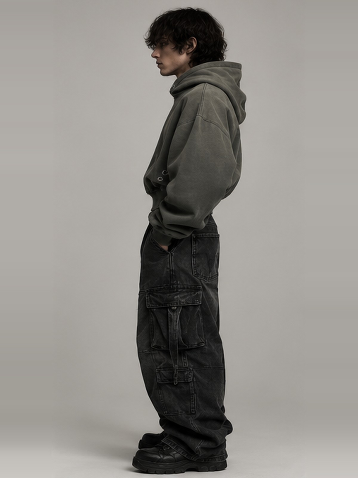Eyelet Cropped Hoodie in Washed Olive — view 2