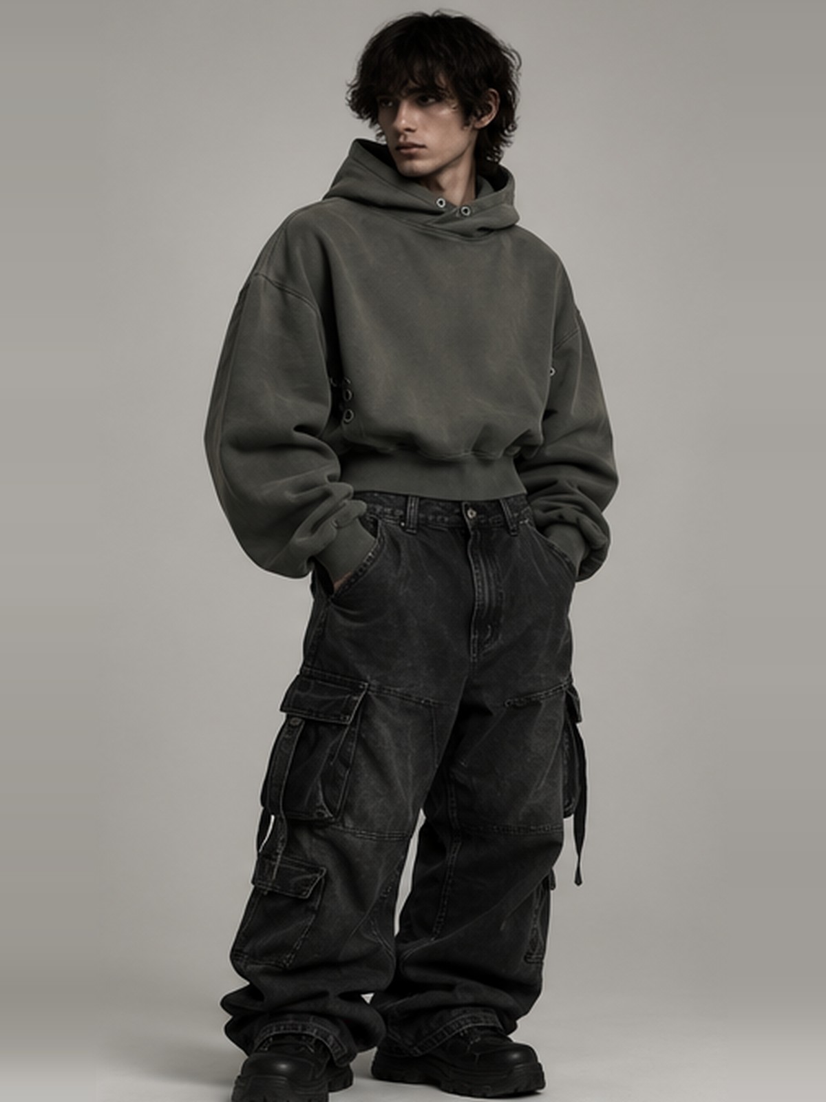 Eyelet Cropped Hoodie in Washed Olive — view 4