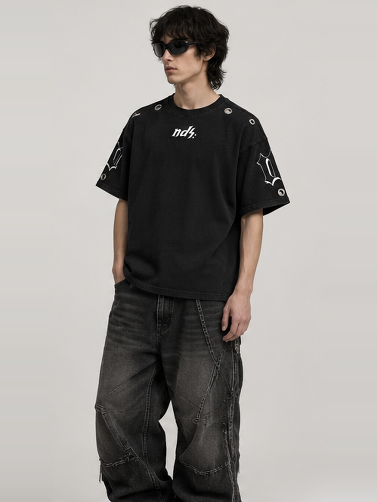 Eyelet Wordmark Tee in Washed Black — view 4